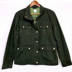 J Crew Medium P Boyfriend Field Jacket Waxed Cotton Olive Green Utility Military
